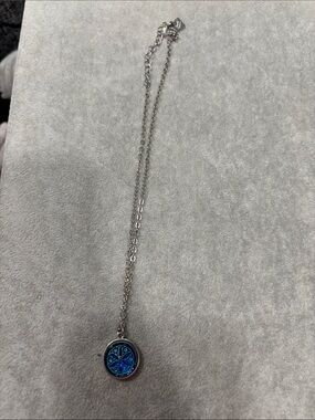 Silver Necklace with Blue Iridescent Round Pendant